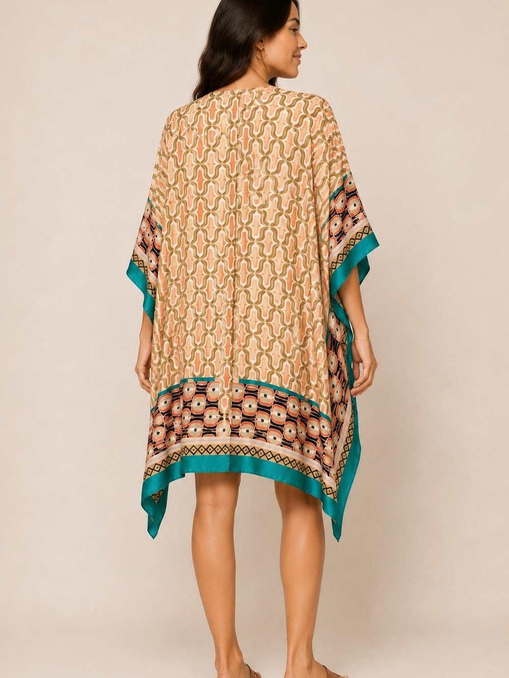 Boho Patterned Kimono Cover-Up in Teal & Peach - NWT - Picture 2 of 4